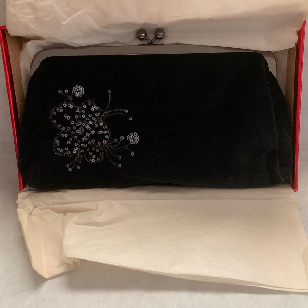 NIB Express Black Velvet Clutch with Sequin Design